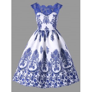 Lace Trim Porcelain Floral Swing Dress - Blue